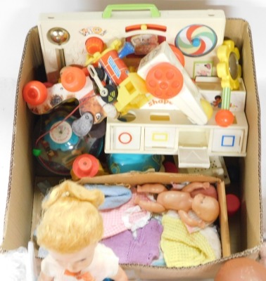 Plastic headed dolls, to include a Chiltern figure, various others, clothing, Fisher Price Toys, etc. (1 box) - 2