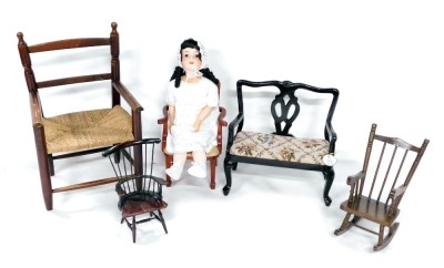 A two seater doll's sofa, a collector's doll, various dolls chairs, etc. (a quantity)