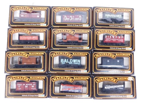 Mainline Railways OO gauge wagons, comprising seven plank wagon, Coke wagon, brake van, brown, Coke wagon Baldwin, a vent van W R Grey five plank wagon Ellis & Everard, sixteen brake van, seven plank wagon diamond, five plank wagon Warrener, Coke wagon C.