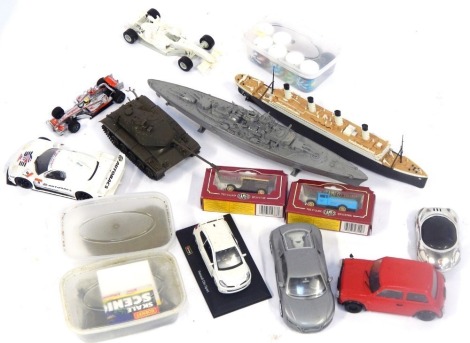 Diecast collector's cars, tanks, scenery, kit built warships, etc. (1 box)