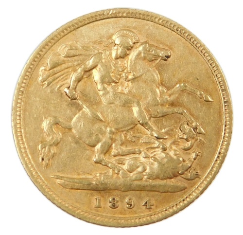 A Victorian half gold sovereign, dated 1894, 4g.