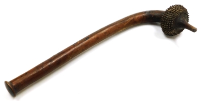 A 19thC Fijian Totokia (Pineapple) war club, of dense hardwood, the curved head carved with ten bands of hobnails, on a straight shaft terminating in a flared grip, 81cm wide. - 2