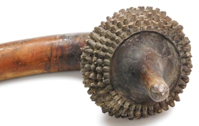 A 19thC Fijian Totokia (Pineapple) war club, of dense hardwood, the curved head carved with ten bands of hobnails, on a straight shaft terminating in a flared grip, 81cm wide. - 4