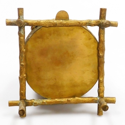 A 19thC gilt metal sewing box in the form of bee skep, with a hinged lid and twisted top handle, the body with two agate stone set applied honey bees and a honey bee catch, on a branch work stand, 24cm high, (AF). - 4