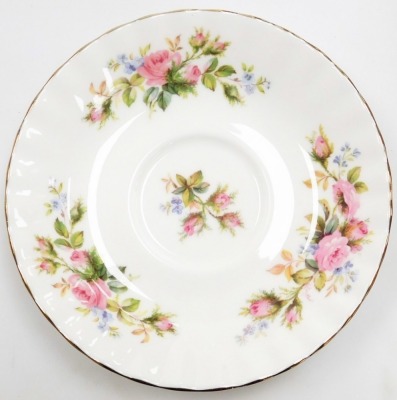 A Royal Albert Moss Rose porcelain part dinner and tea service, including a vegetable tureen and cover, dinner plates, serving bowls, coffee pot, teapot, cake stand, condiments, cups and saucers, etc. (a quantity) - 2