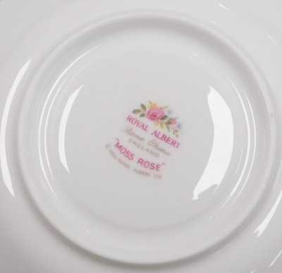 A Royal Albert Moss Rose porcelain part dinner and tea service, including a vegetable tureen and cover, dinner plates, serving bowls, coffee pot, teapot, cake stand, condiments, cups and saucers, etc. (a quantity) - 3