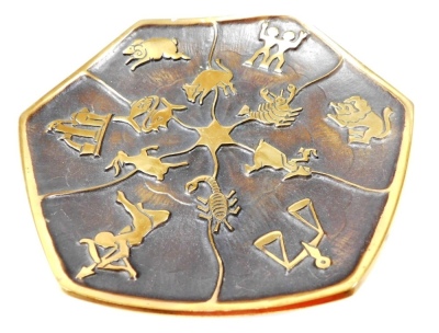 A Danish Aedel Malm hexagonal bronze dish, decorated with various zodiac motifs, paper label to underside, 20cm diameter.