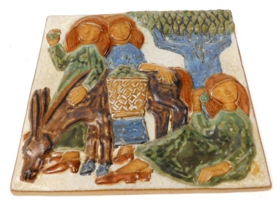 A Danish stoneware wall plaque by Marianne Starck for Michael Andersen, depicting figures beside donkey and tree, impressed marks, number 6087, 28.5cm x 32cm.