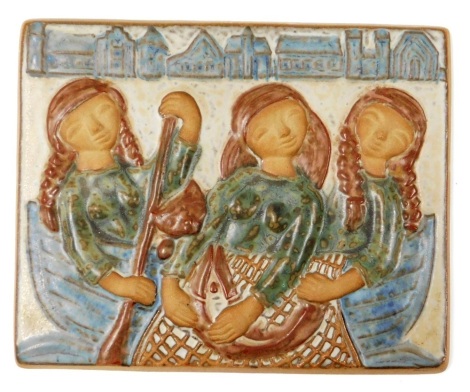 A Danish stoneware wall plaque by Marianne Starck for David Andersen, depicting three women in a boat, impressed marks, and numbered 6055, 23.5cm x 29.5cm.