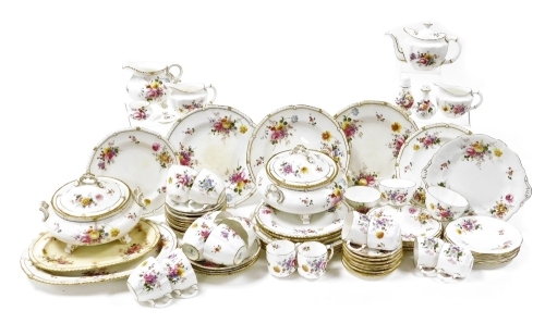 A Royal Crown Derby porcelain Derby Posies pattern part dinner, coffee and tea service, comprising two tureens and covers (AF), six dinner plates, five side plates, various oval dishes, sugar bowl, meat jug, coffee cups and saucers, teacups and saucers, s