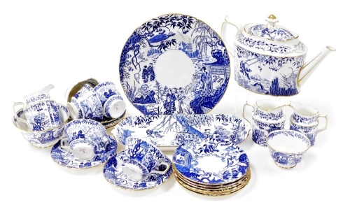 A Royal Crown Derby porcelain Mikado pattern part tea service, comprising teapot, six teacups and saucers, six tea plates, three jugs, two sugar bowls, rectangular tray, and a plate.