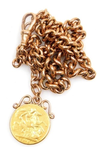 A George V gold sovereign, worn, in a 9ct rose gold pendant mount, on a curb link chain, with lobster claw clasp, 51.1g all in.