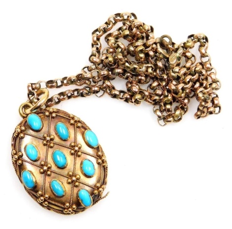 A Victorian oval turquoise set hair locket pendant, in a lattice work design, yellow metal, on a belcher link neck chain, with link stamped 9c, 11.5g all in.