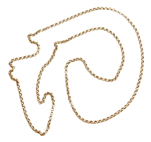 A 9ct gold belcher link long guard muff chain, stamped 375, 15.8g.