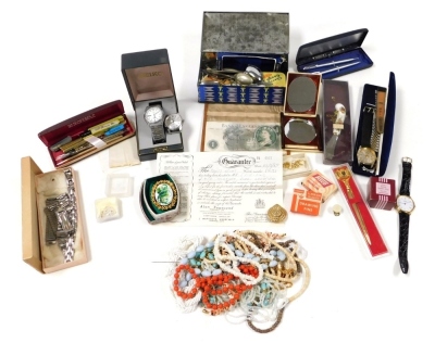 Silver and costume jewellery, including brooches, wristwatches, necklaces, together with pen sets, banknotes, etc. (a quantity)