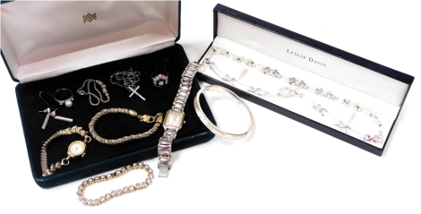 Silver and costume jewellery, including a Monet bangle, Napier necklace, Fossil earrings, rings and dress wristwatches.
