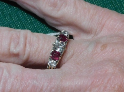 A ruby and diamond five stone ring, set in yellow metal, diamonds approx 0.75ct, size O/P, 3.5g. - 2