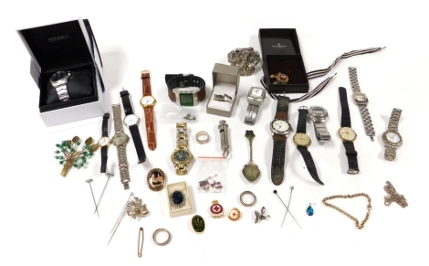 Silver and costume jewellery, gentleman's and lady's dress wristwatches, hat pins, an Acme City whistle, jam spoon, etc. (a quantity)
