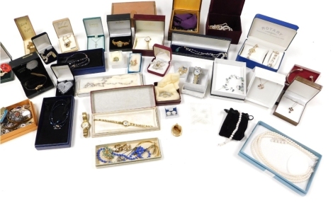 Silver and costume jewellery, including necklaces, brooches, bracelets, earrings, lady's dress wristwatches, etc. (a quantity)