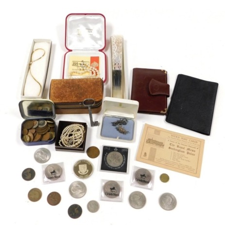 Silver and costume jewellery, including a string of graduated coral beads, cameo ring, brooches, neck chain, together with a fan, commemorative coins, etc. (a quantity)