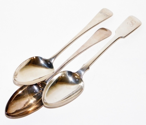 Three 19thC silver serving spoons, to include one bearing initial S, London 1869, another bearing initials WMH, London 1813, and a further plain example, London 1832, 6½oz. (3)