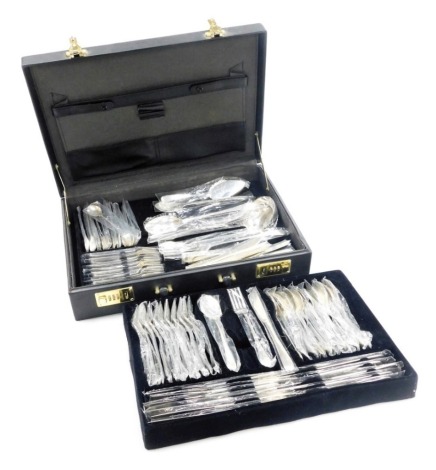 A canteen of cutlery for twelve place settings, of plain design, stamped 830, 98.26oz all in including weight of the plastic sealed bags, contained in a combination suitcase. Purchased in Cyprus by the vendor.