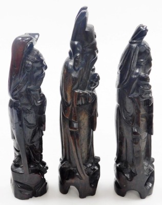 Three Chinese carved hardwood figures of the Sanxing deities, with silver wirework inlay, comprising Shou God of Longevity, 29cm high, Lu God of Prosperity, 33cm high, and Fu God of Fortune, 30cm high. - 4