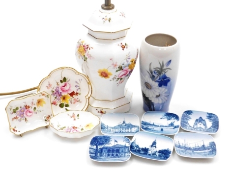 A group of porcelain, to include a Royal Crown Derby Derby Posies table lamp, 47cm high overall, various Crown Derby trinket dishes, a Royal Copenhagen porcelain cylindrical vase, decorated with flowers against a graduated white to blue ground, number 265