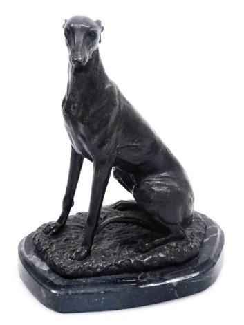 A 19thC bronze sculpture, modelled as a seated Whippet on a naturalistic base, raised on a marble stepped base, signed Barrie, 19.5cm high.