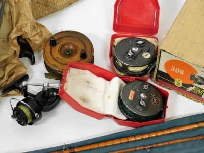 A group of fishing tackle, to include a Milbro split cane fishing rod, a Knebworth split cane fishing rod, net, a Mitchell 306 reel, fly line, canvas bag, etc. (a quantity) - 2