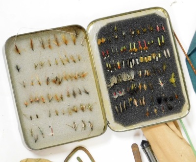 A group of fishing tackle, to include a Milbro split cane fishing rod, a Knebworth split cane fishing rod, net, a Mitchell 306 reel, fly line, canvas bag, etc. (a quantity) - 3