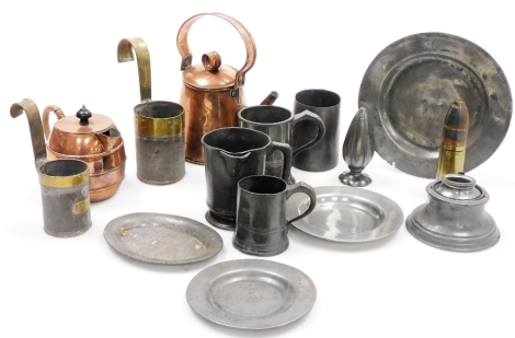 A group of brassware, copperware, etc., to include a pewter dish, engraved with a crest, impressed marks underside for Mexted, 25cm diameter, tankards, a pewter inkwell, with removable glass liner, 9.5cm high, other pewter dishes, a copper kettle, of tape