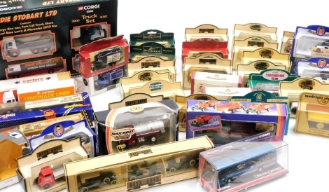 A group of diecast cars, to include Days Gone, Models of Yesteryear, a Corgi Eddie Stobart truck set, boxed, Corgi trucks, commemorative Weetabix items, Brooklands Souvenirs trucks, etc. (5 trays)