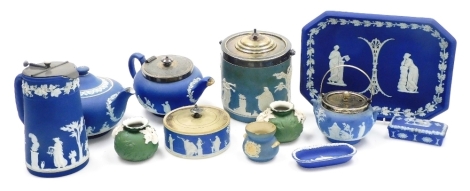 A group of Wedgwood and other jasperware, to include a blue cylindrical biscuit barrel, with plated mounts, 18cm high (AF), a Wedgwood dark blue jasperware teapot, of squat form, 12cm high (AF), a dark blue Wedgwood jasperware cylindrical box with plated 