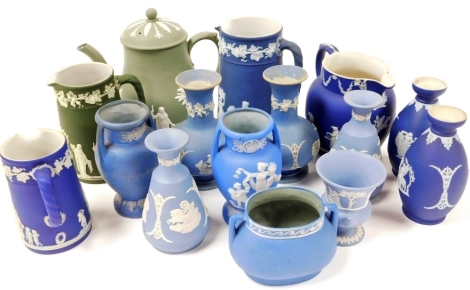 A group of Wedgwood and other jasperware, to include a Wedgwood green teapot, depicting figures in a rural landscape, 19cm high, jugs, etc. (1 tray)
