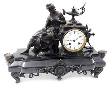 A late 19thC French slate and spelter mantel clock for Henry Marc, Paris, circular enamel dial bearing Roman numerals, eight day movement by Japy Freres et Cie with bell strike, the case of urn form with a Roman oil map finial, flanked by a Roman lady mod