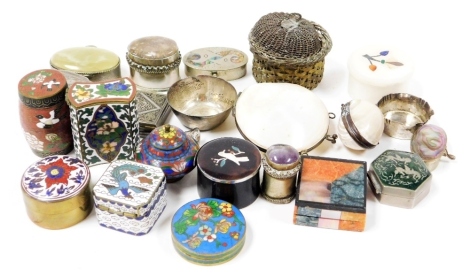 A group of Eastern and Oriental trinket boxes, to include an Indian white marble cylindrical trinket box, inlaid with semi precious stones in the form of a flower, 4.5cm diameter, various cloisonne boxes, a white metal miniature dish, of tapering form, ma