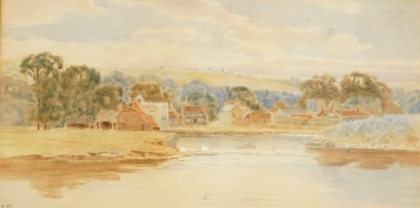 Late 19thC School. Lake scene before village, watercolour, initialled R. A. and dated '99, 24.5cm x 44.5cm. (AF)