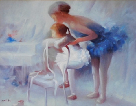 20thC School. A study of two ballerinas, oil on board, indistinctly signed, 49cm x 62.5cm.