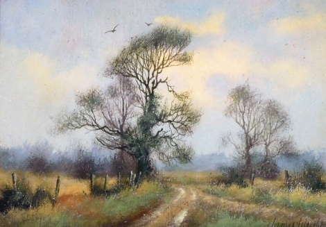 James Wright (b.1935). Study of a country lane, with trees and birds in flight, oil on board, signed, 12.5cm x 16.5cm.