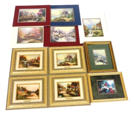 Thomas Kinkade. Various prints, to include Cobblestone Bridge 11.5cm x 16.5cm, A New Day Dawning 11.5cm x 16.5cm, Cobblestone Lane 11.5cm x 16.5cm, some unframed, many with certificates of authenticity.