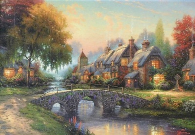 Thomas Kinkade. Various prints, to include Cobblestone Bridge 11.5cm x 16.5cm, A New Day Dawning 11.5cm x 16.5cm, Cobblestone Lane 11.5cm x 16.5cm, some unframed, many with certificates of authenticity. - 5