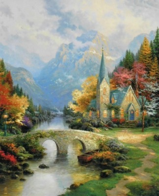 Thomas Kinkade. Various prints, to include Cobblestone Bridge 11.5cm x 16.5cm, A New Day Dawning 11.5cm x 16.5cm, Cobblestone Lane 11.5cm x 16.5cm, some unframed, many with certificates of authenticity. - 8