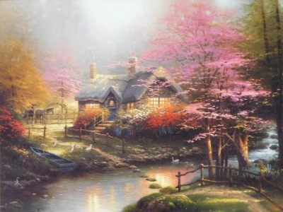 Thomas Kinkade. Various prints, to include Cobblestone Bridge 11.5cm x 16.5cm, A New Day Dawning 11.5cm x 16.5cm, Cobblestone Lane 11.5cm x 16.5cm, some unframed, many with certificates of authenticity. - 9