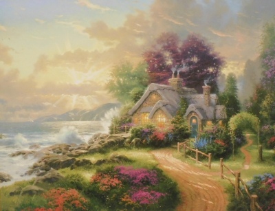 Thomas Kinkade. Various prints, to include Cobblestone Bridge 11.5cm x 16.5cm, A New Day Dawning 11.5cm x 16.5cm, Cobblestone Lane 11.5cm x 16.5cm, some unframed, many with certificates of authenticity. - 12