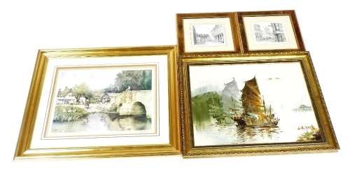 After Sturgeon. Eyneford, print, signed, 34cm x 46cm, H. Wong, Oriental scene depicting fishing boats, oil on canvas, signed, 46.5cm x 60cm, and two further prints.