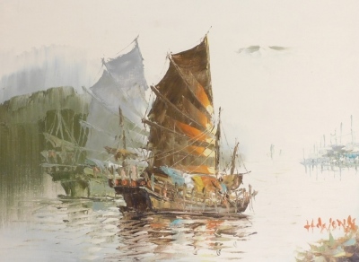 After Sturgeon. Eyneford, print, signed, 34cm x 46cm, H. Wong, Oriental scene depicting fishing boats, oil on canvas, signed, 46.5cm x 60cm, and two further prints. - 4