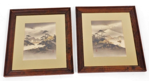 20thC Japanese School. River landscapes with buildings, watercolours, a pair, 28cm x 22cm.