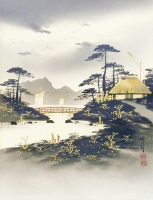 20thC Japanese School. River landscapes with buildings, watercolours, a pair, 28cm x 22cm. - 2