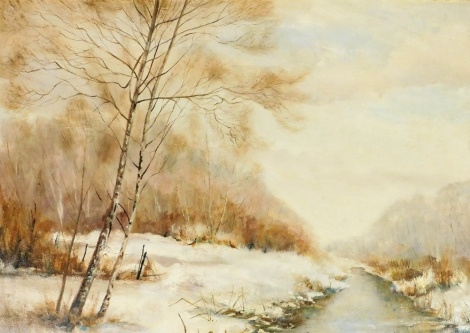 Arthur A Pank (20thC British School). Winter landscape, depicting frozen river, trees and pheasants, oil on board, signed, 50cm x 69cm.